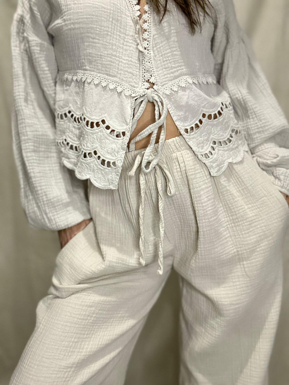 Nino- Pantalon beige en gaz de coton