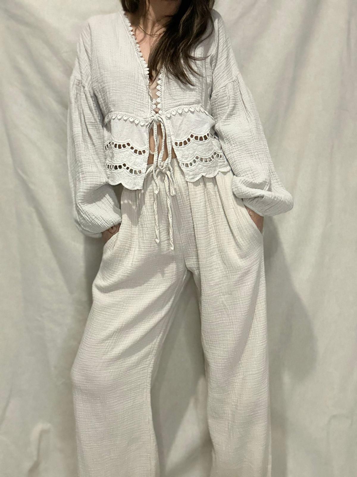 Nino- Pantalon beige en gaz de coton
