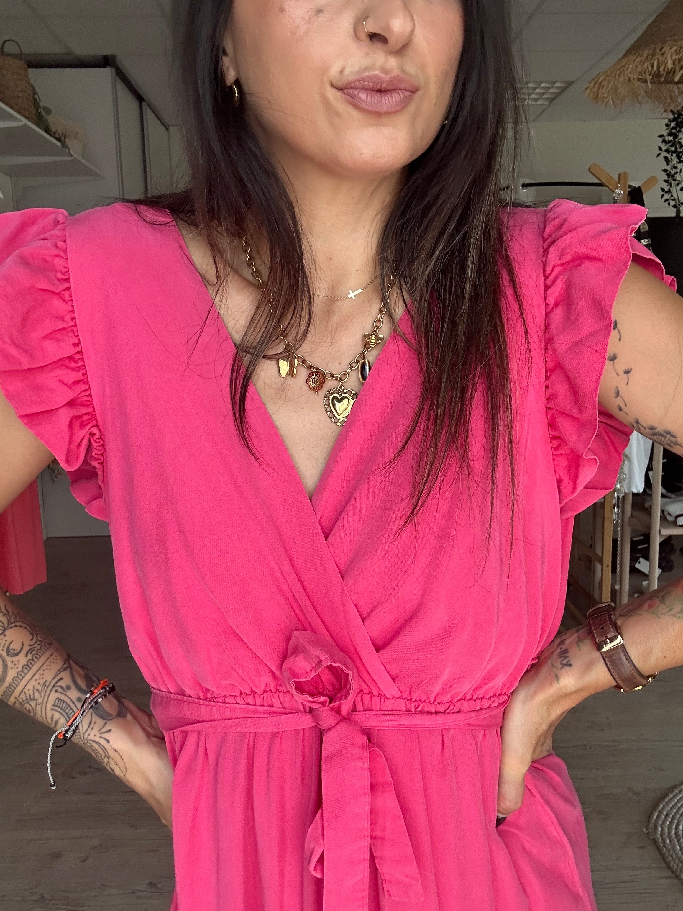 Céleste - robe longue à volant rose