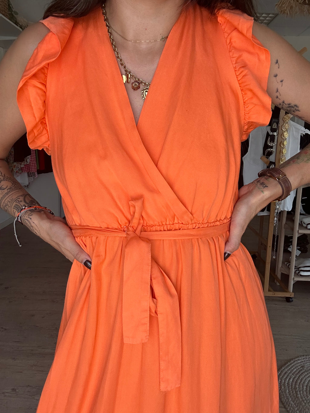 Céleste - robe longue à volant orange