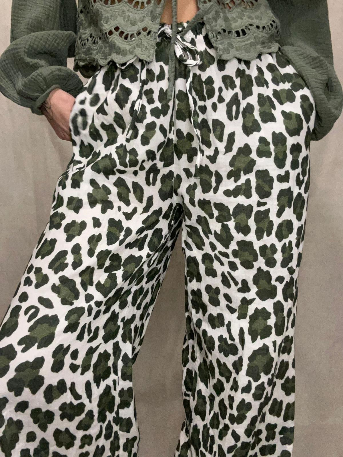 Mylan- pantalon imprimé léopard kaki en coton