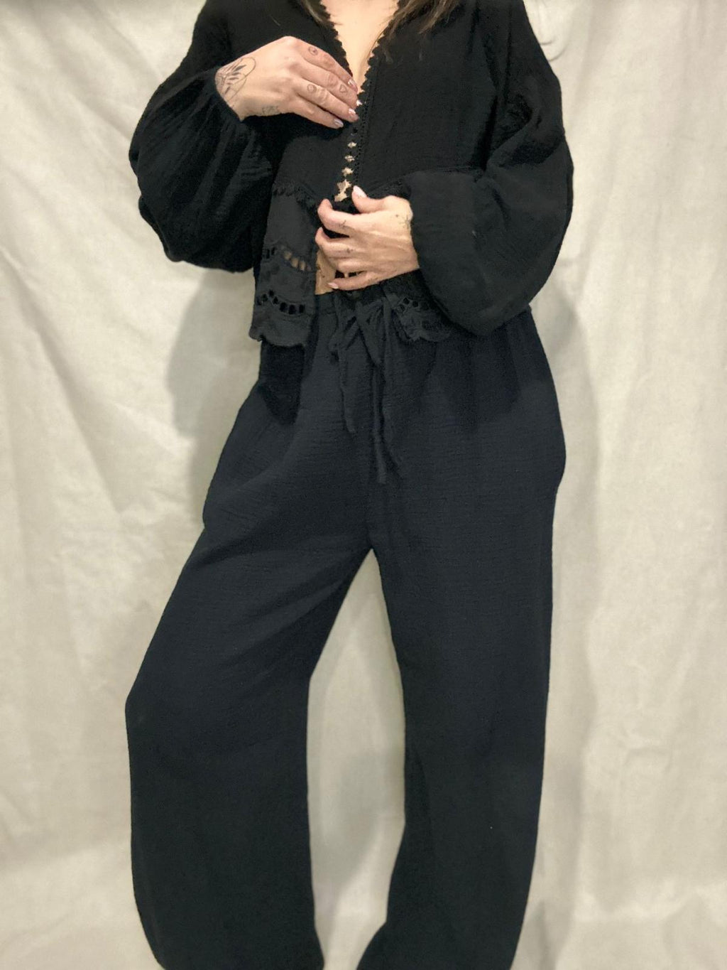 Nino-Pantalon noir en gaz de coton