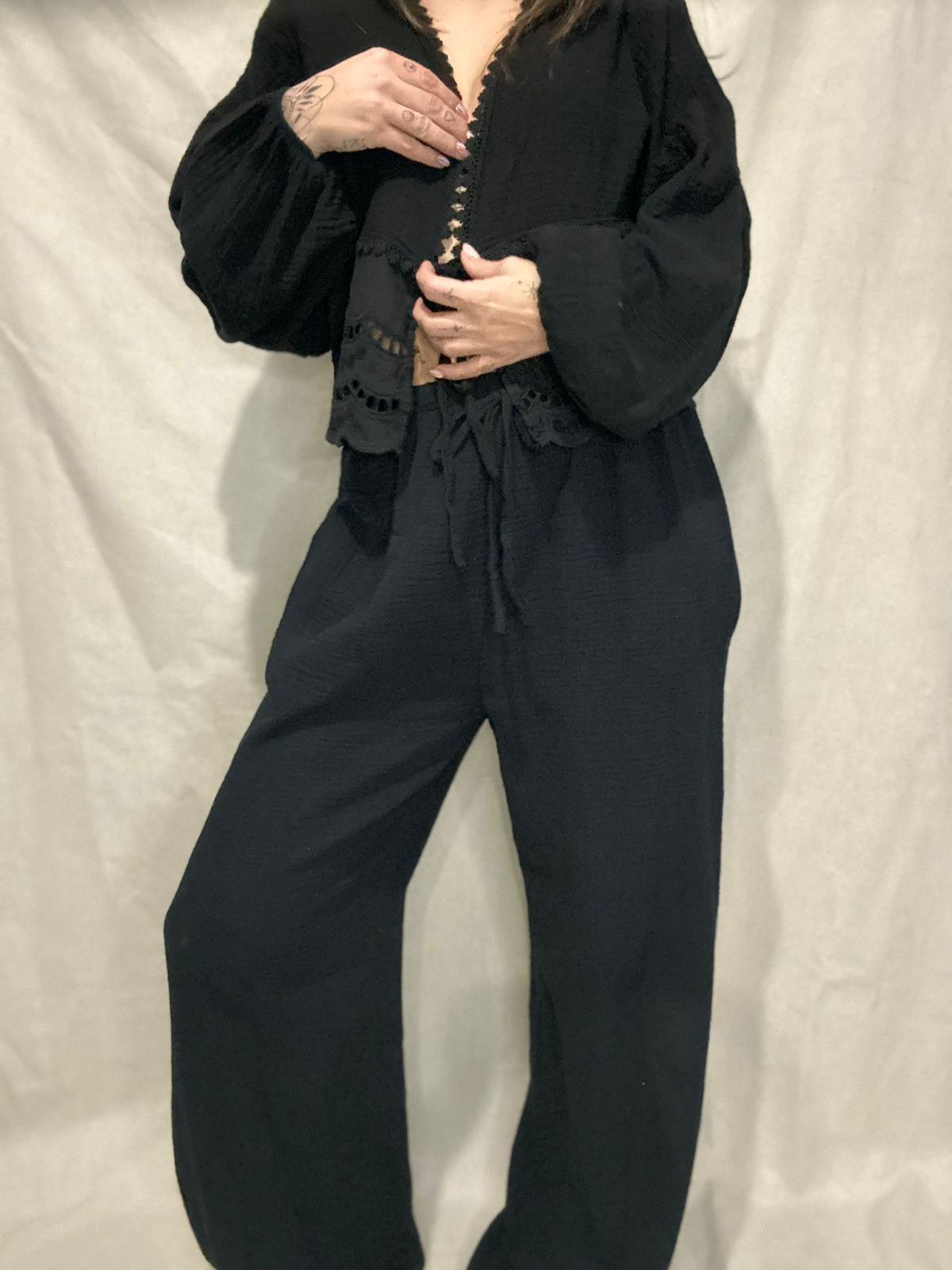 Nino-Pantalon noir en gaz de coton