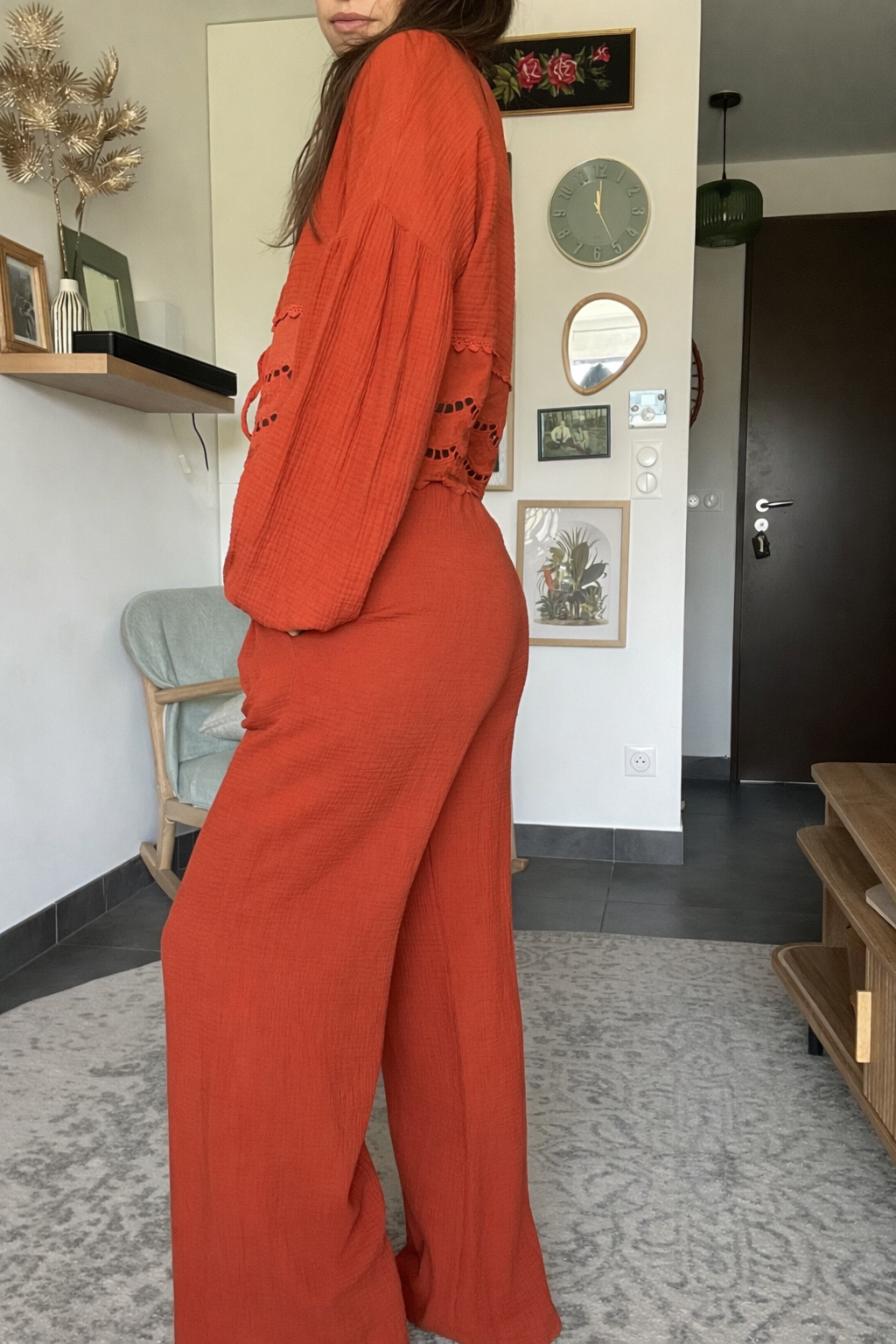 Nino-Pantalon terracotta en gaz de coton