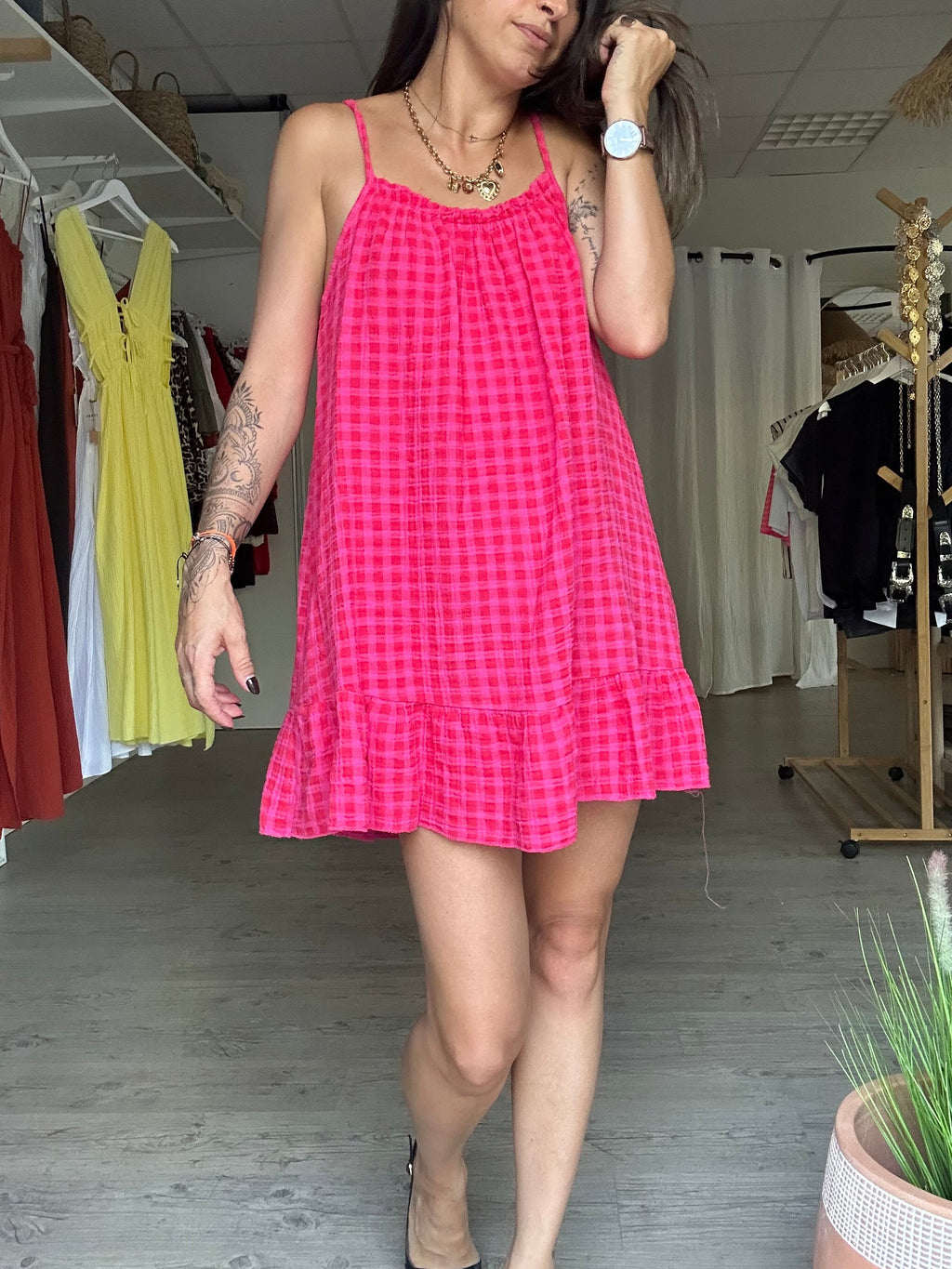Bianca - Robe vichy fushia