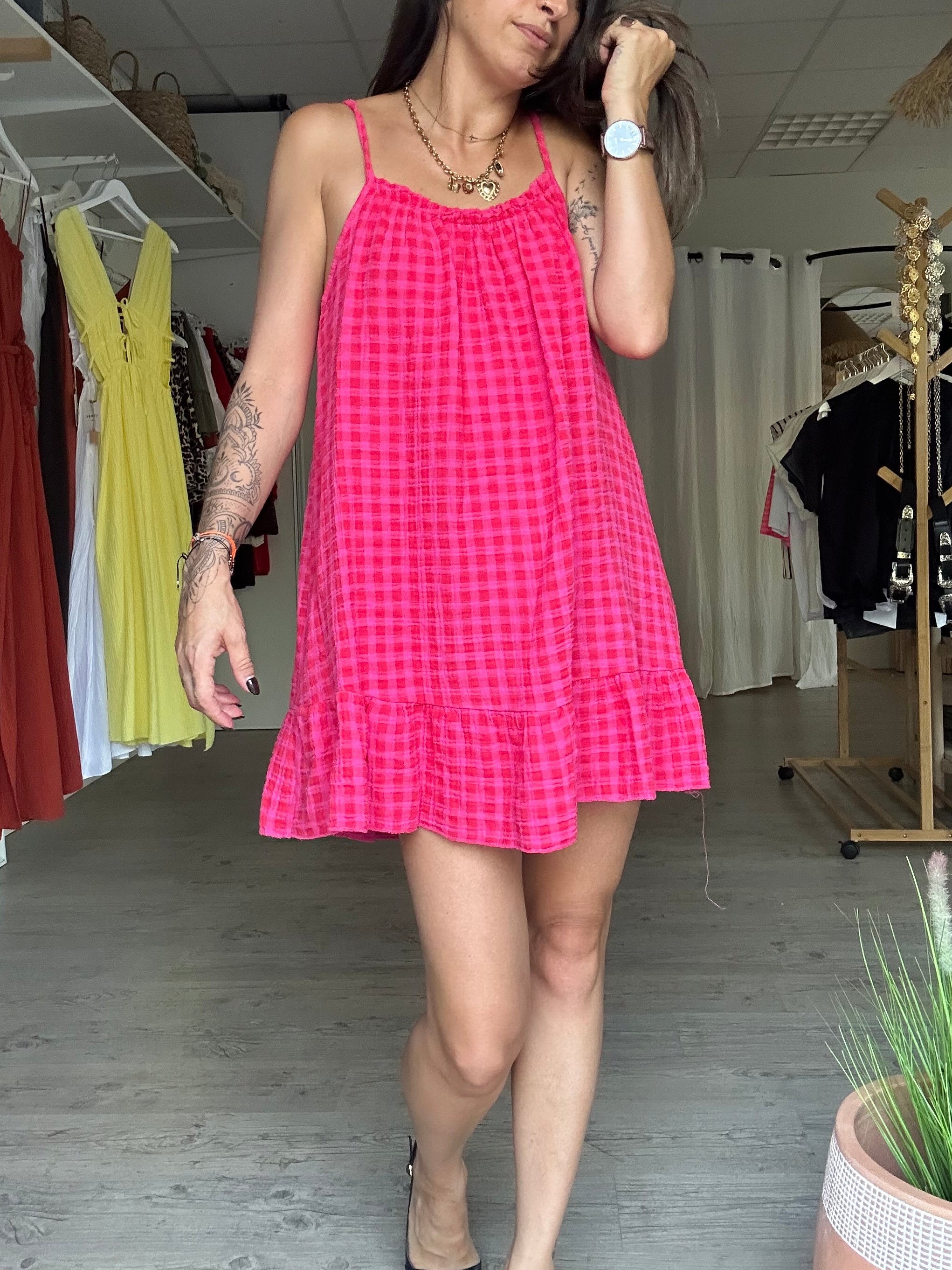 Bianca - Robe vichy fushia