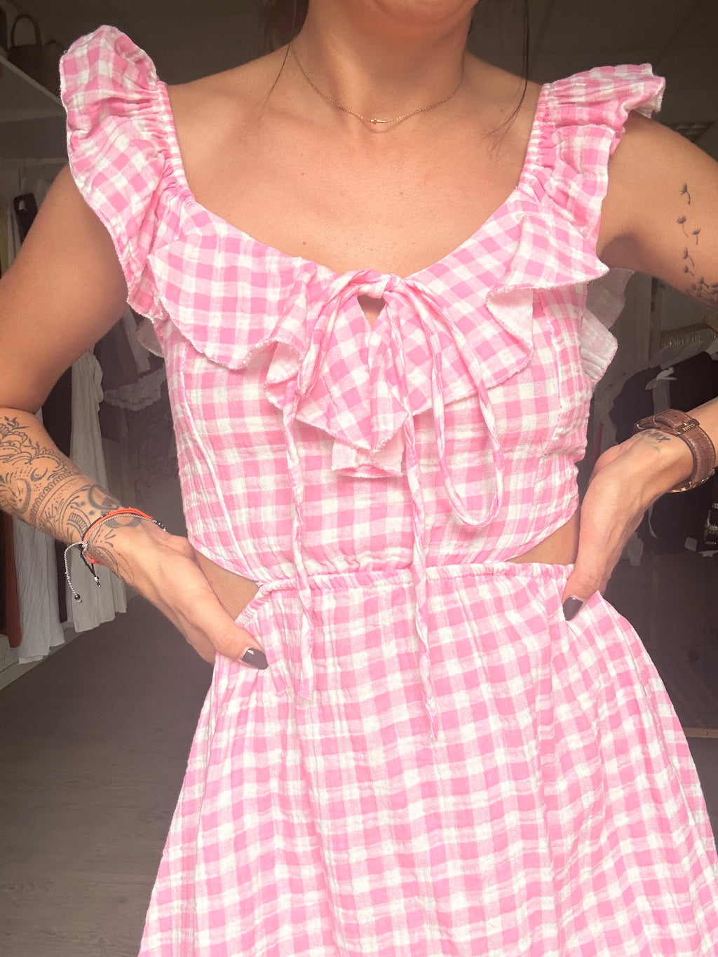 Robe vichy courte rose