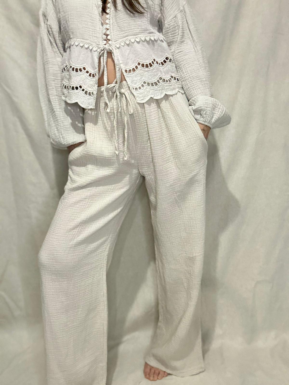 Nino- Pantalon beige en gaz de coton
