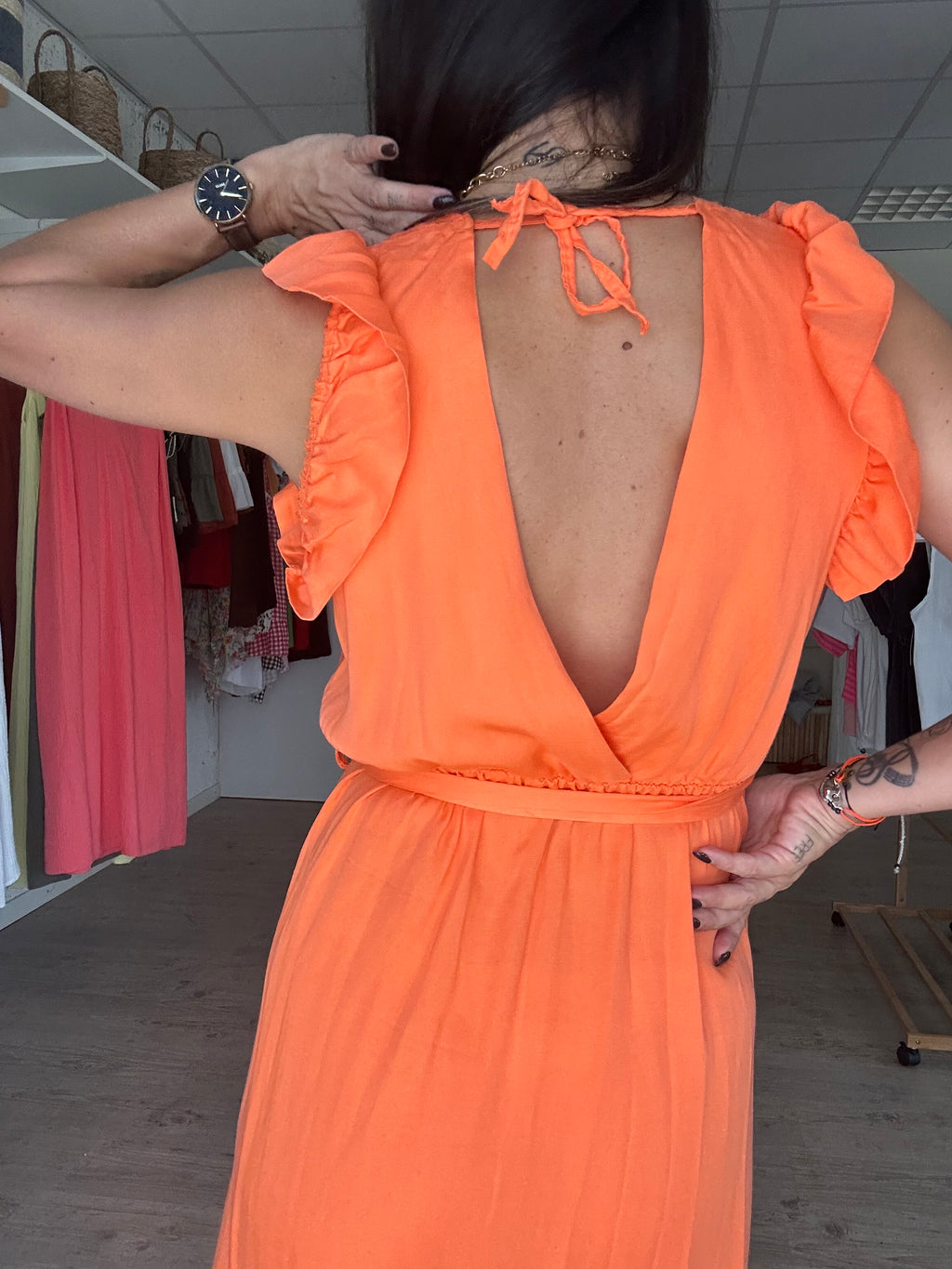 Céleste - robe longue à volant orange
