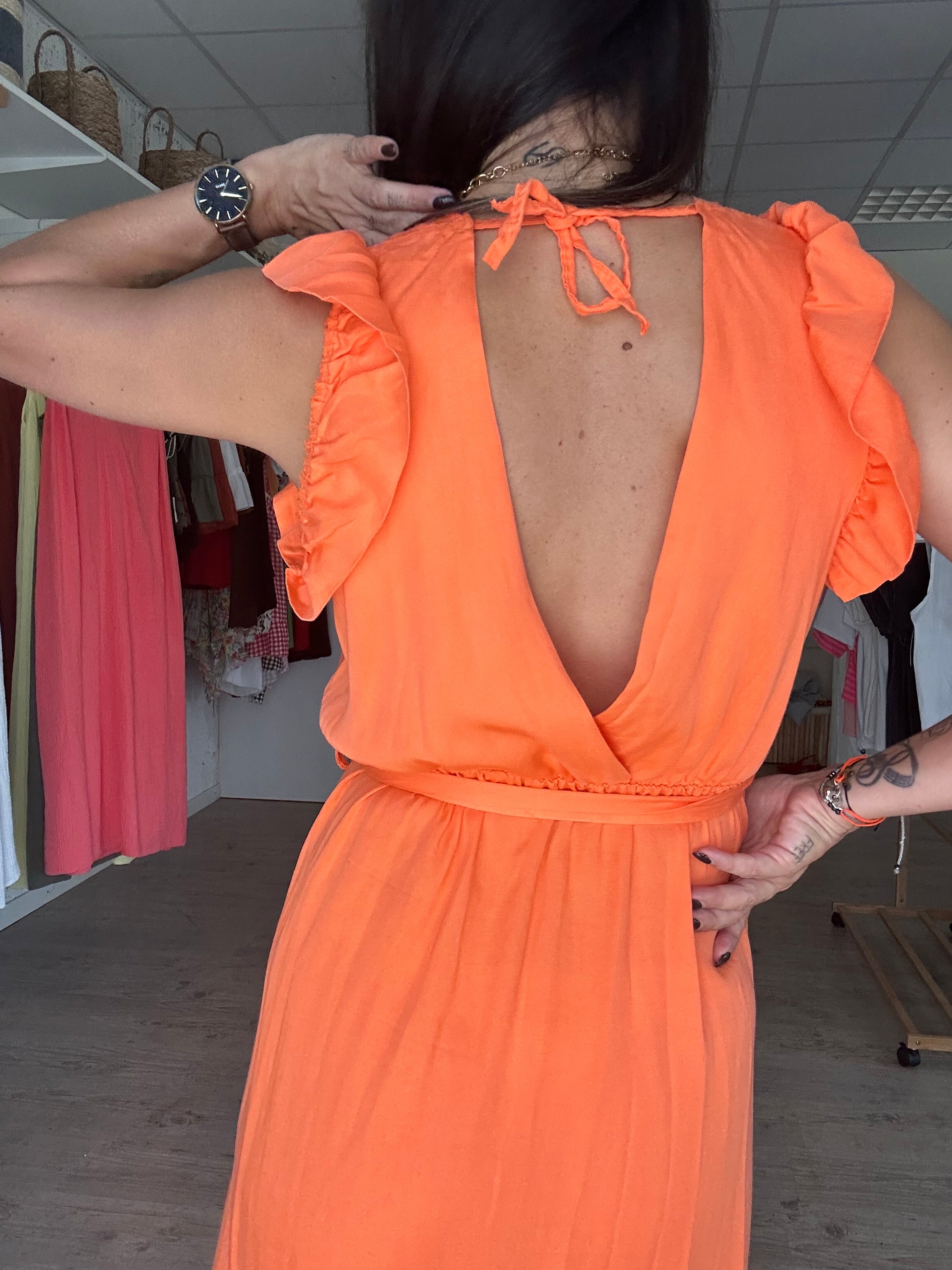 Céleste - robe longue à volant orange