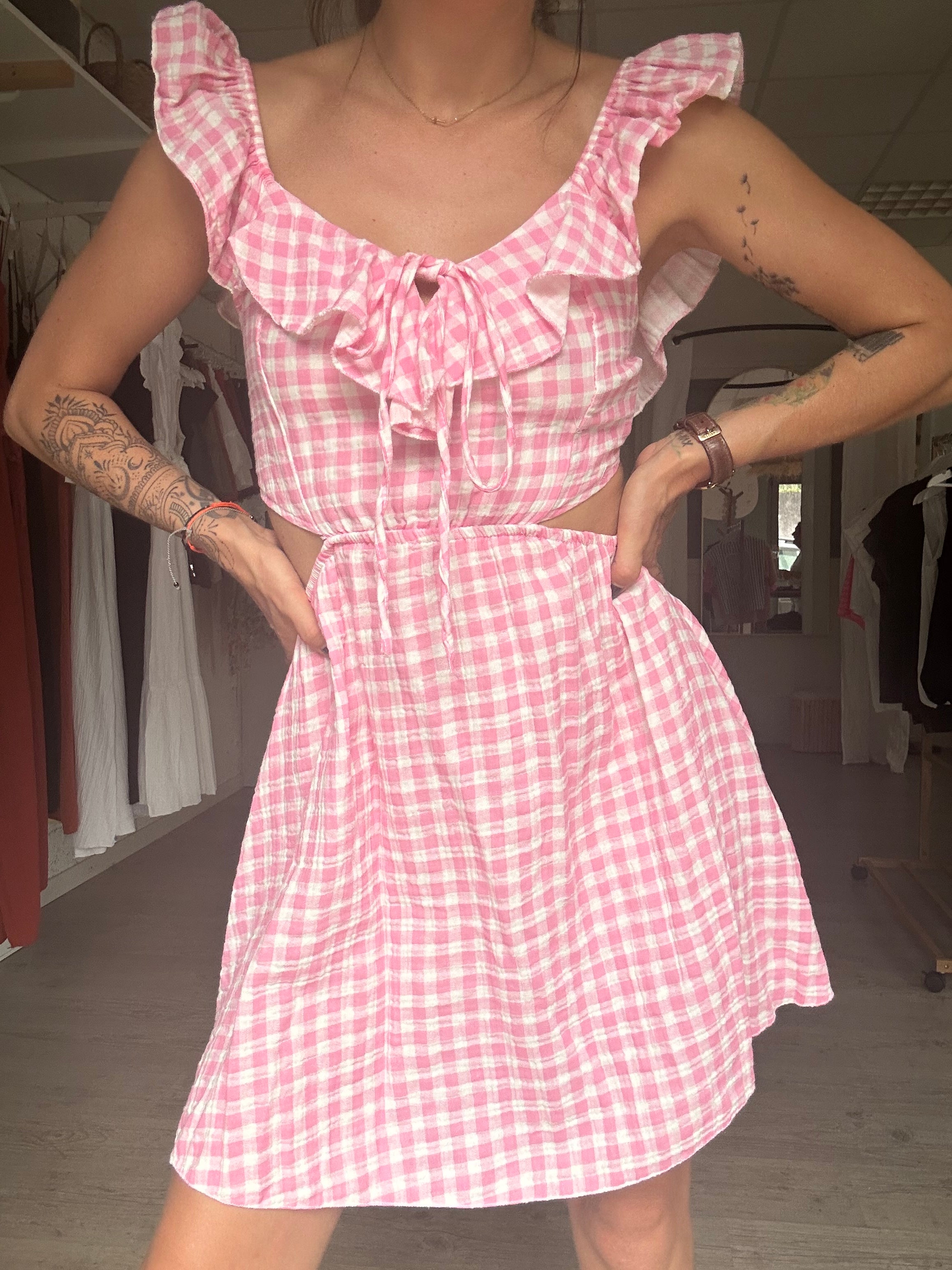 Robe vichy courte rose