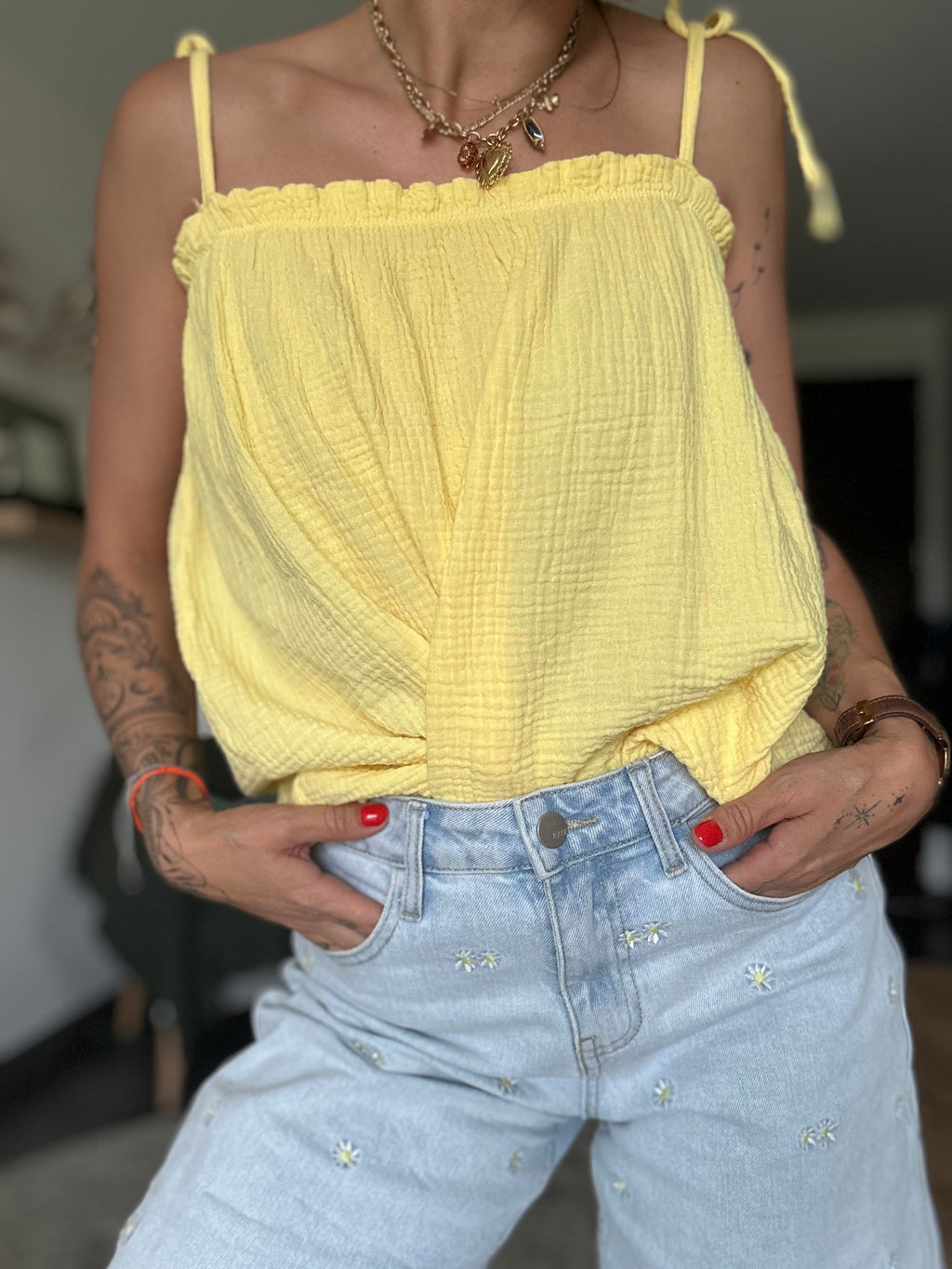 Top gaz de coton jaune