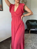 Céleste - robe longue à volant rouge framboise