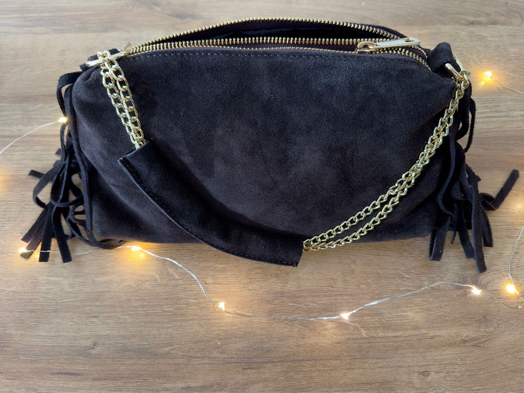 Joyce Noir- Sac à frange en croûte de cuir