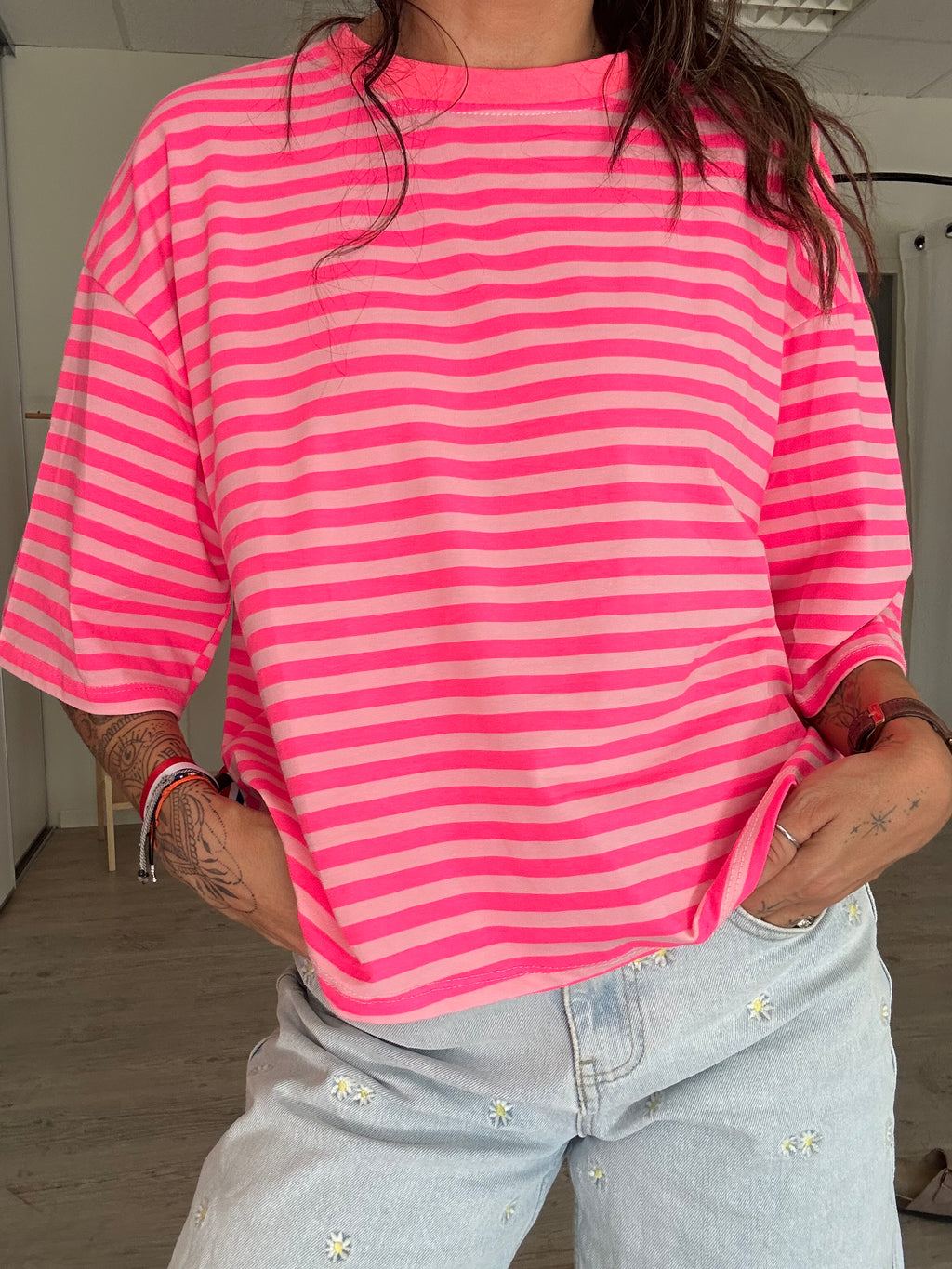 T-shirt Marinière Néon Rose