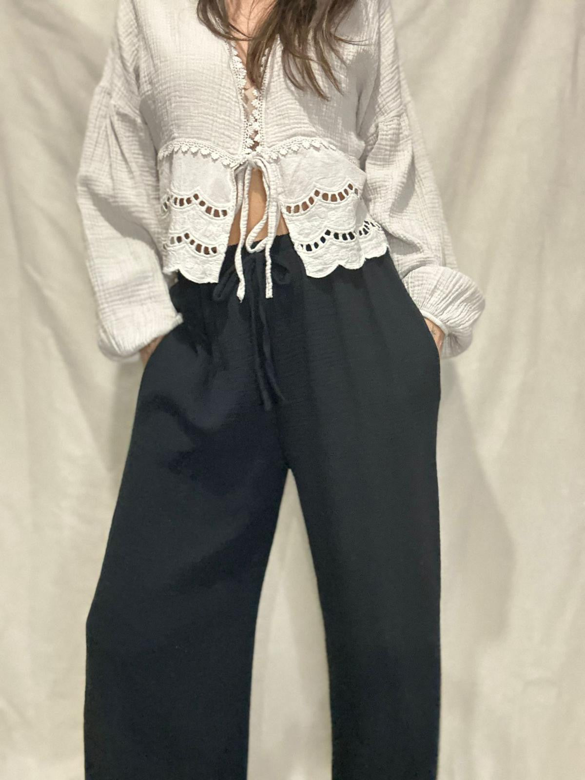 Nino-Pantalon noir en gaz de coton