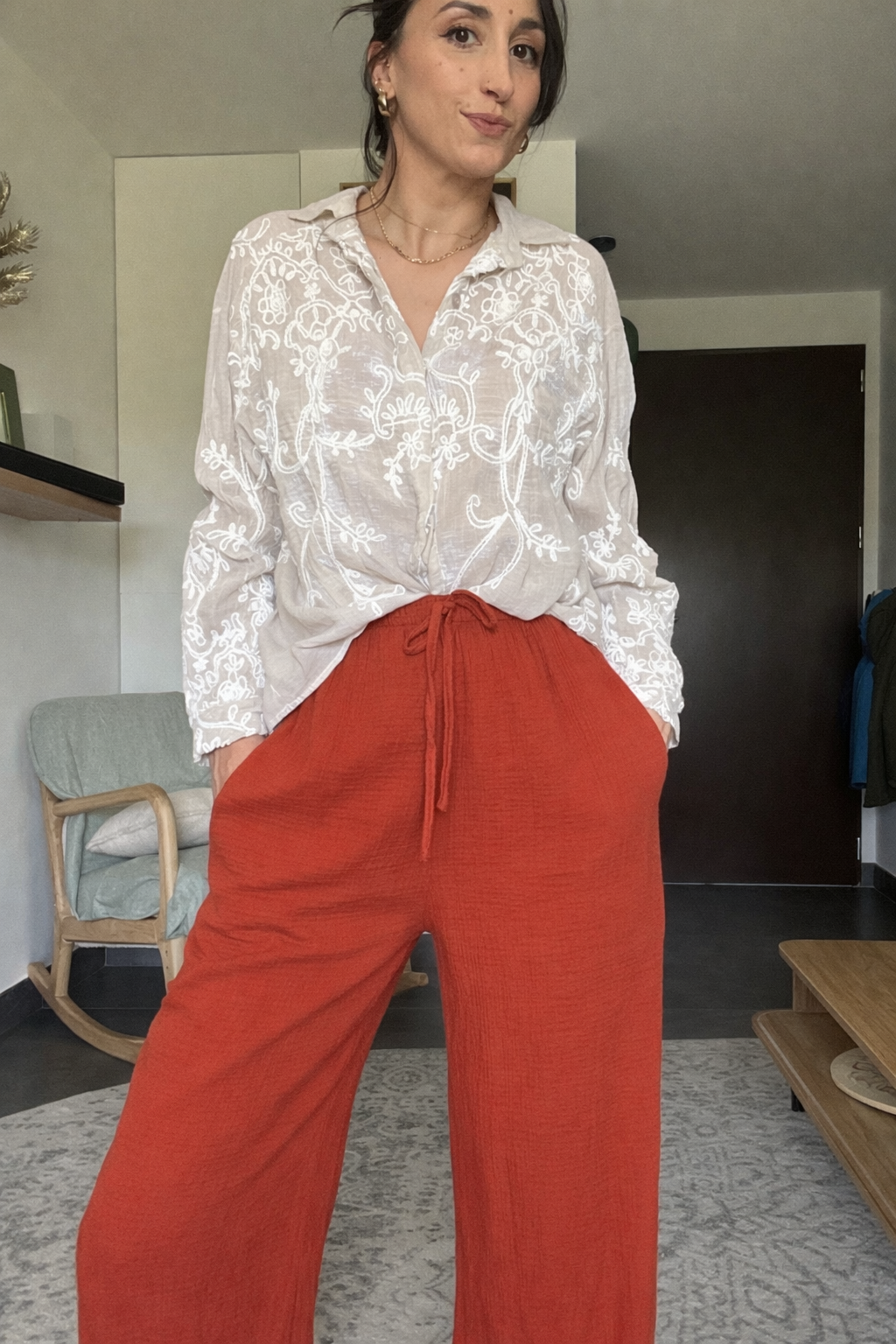 Nino-Pantalon terracotta en gaz de coton
