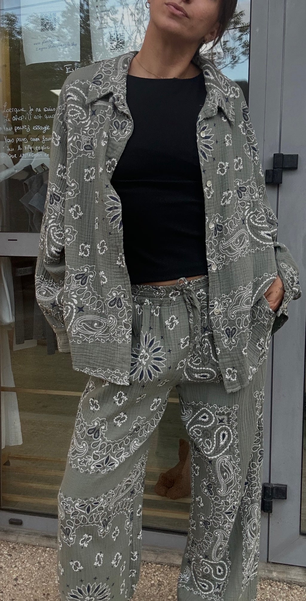 Ensemble chemise & pantalon en gaze de coton – Imprimé bandana kaki