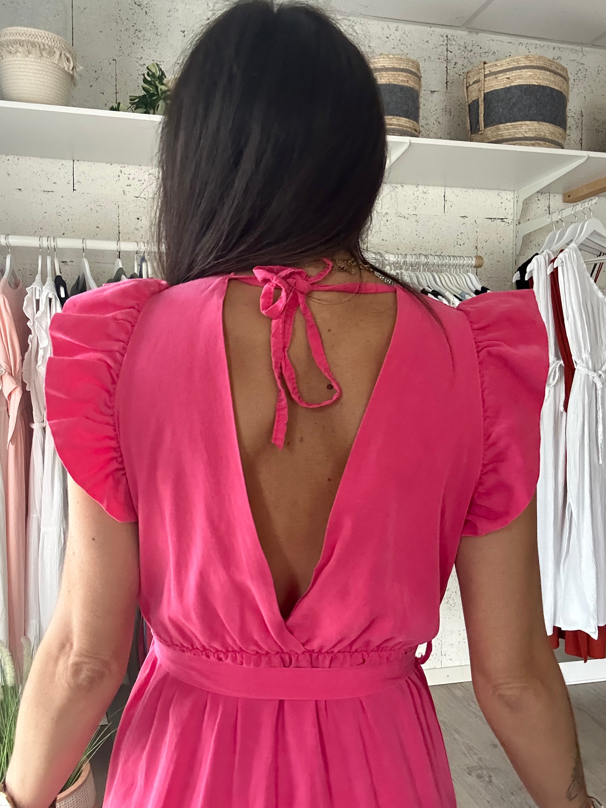 Céleste - robe longue à volant rose