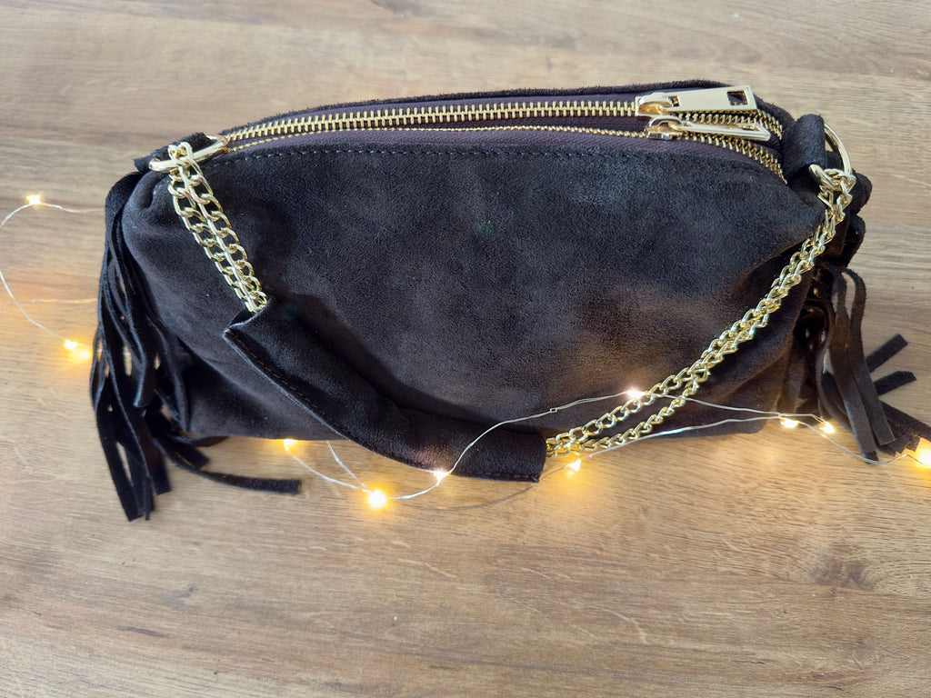 Joyce Noir- Sac à frange en croûte de cuir