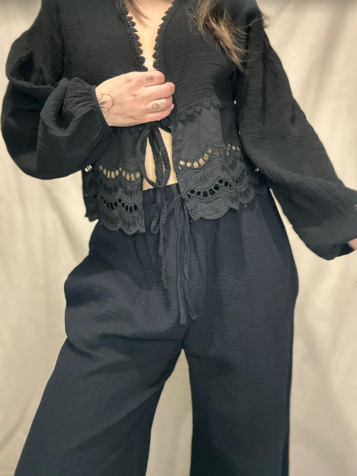 Nino-Pantalon noir en gaz de coton