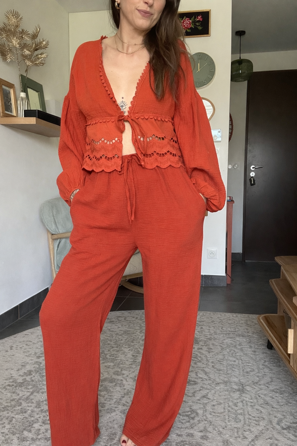 Nino-Pantalon terracotta en gaz de coton