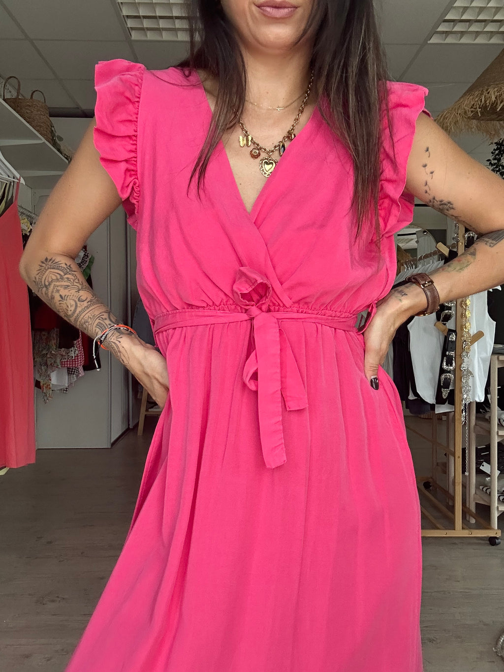 Céleste - robe longue à volant rose