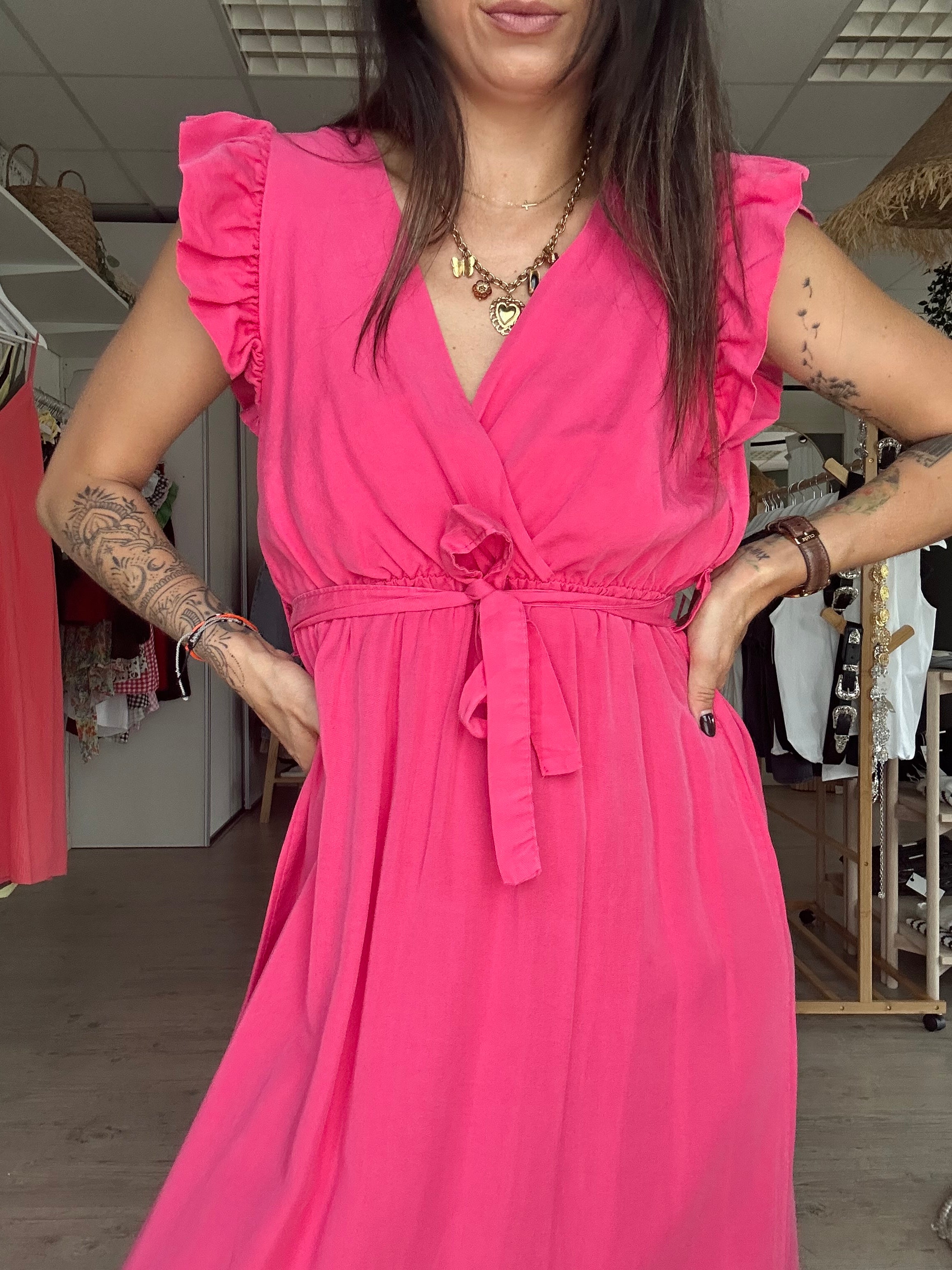 Céleste - robe longue à volant rose
