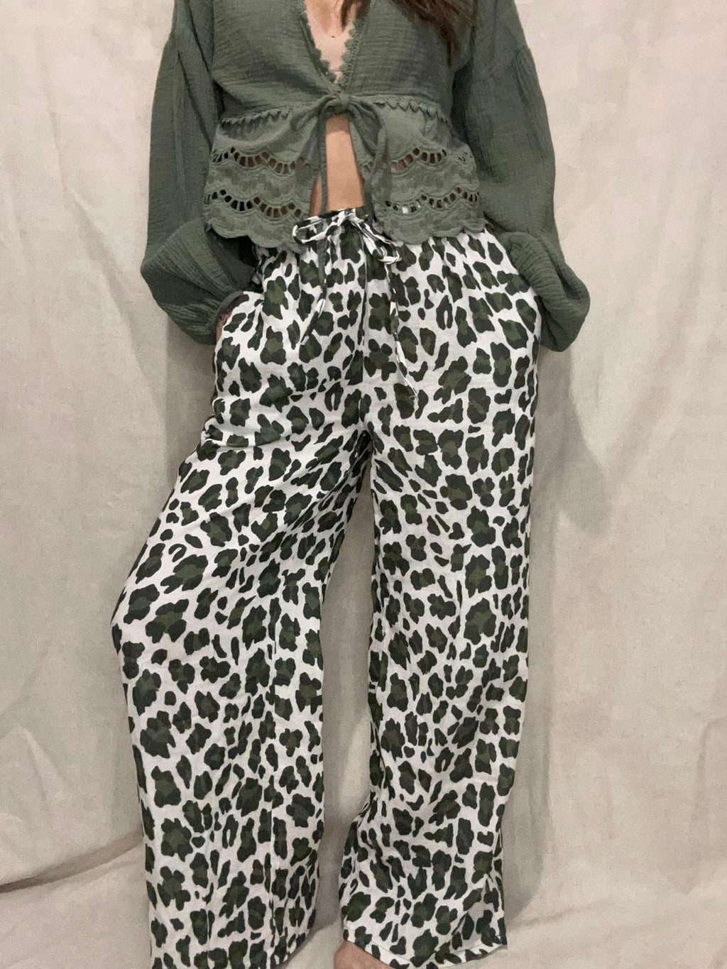 Mylan- pantalon imprimé léopard kaki en coton