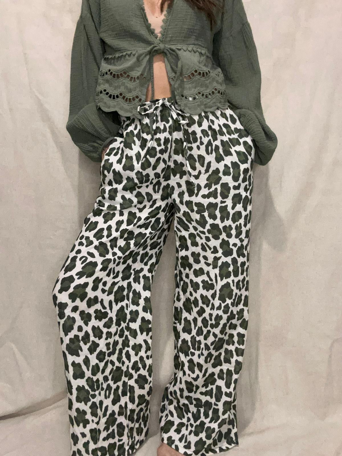 Mylan- pantalon imprimé léopard kaki en coton