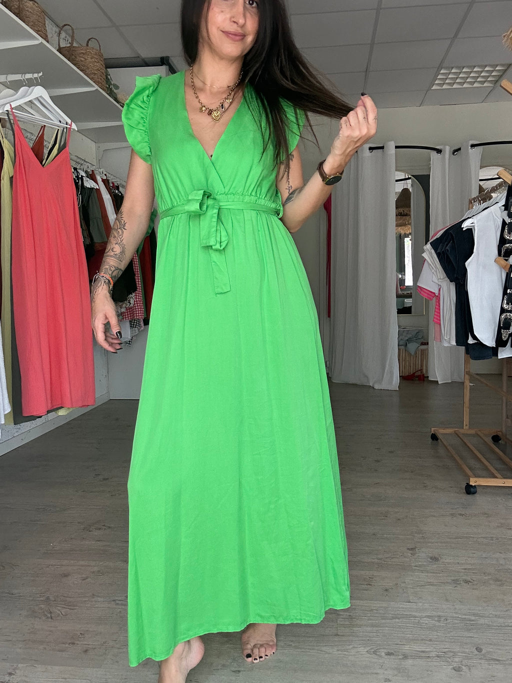 Céleste - robe longue à volant vert